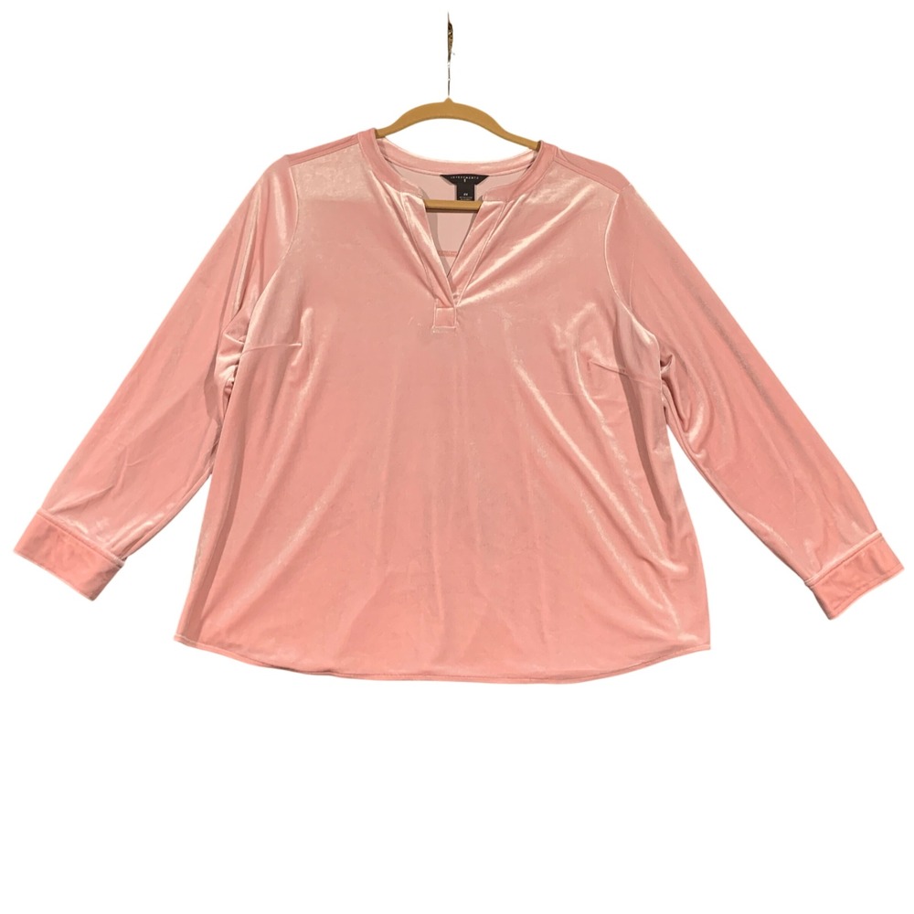 Investments II Womens 2X Pink Velvet Split Neck Long Sleeve Blouse Tunic Top